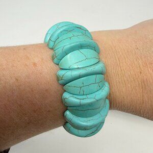 Southwestern Chunky Faux Turquoise Stretch Bracelet Boho Stone Beads Blue